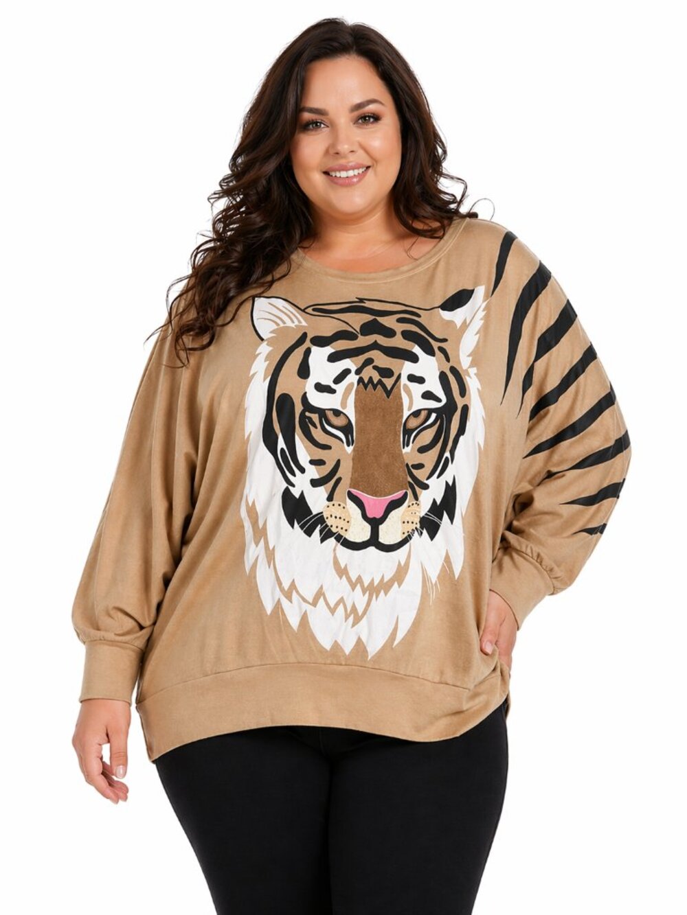 BONNIE BOERER Vintage 80s Tiger Graphic Dolman Sweatshirt Beige Plus Size 3X